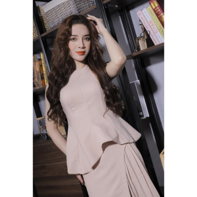 Set Nữ Dáng Peplum Màu Be Cao Cấp 23V056 Pi Style