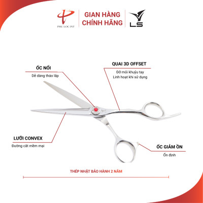 Kéo cắt tóc VLS FA43/6.0 lưỡi convex thẳng quai offset vênh đỡ ngón cố định - Hàng chính hãng