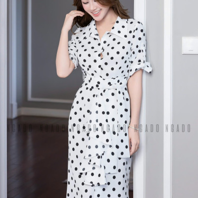 Đầm sơ mi chấm bi tay lửng NGADO , đầm sơ mi , đầm chấm bi , đầm kiểu