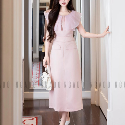 Đầm hồng phối voan NGADO , đầm dự tiệc , đầm công sở