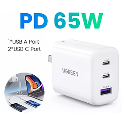 Củ sạc nhanh 2 cổng USB-C + 1 cổng USB-A 65W Ugreen 90495 - Hàng chính hãng