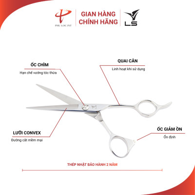 Kéo cắt tóc VLS JP602 lưỡi thẳng quai offset vênh đỡ ngón cố định - Hàng chính hãng