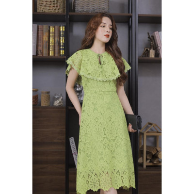 Váy Ren Bèo Cổ Màu Xanh Cốm 23V004 Cao Cấp Pi Style