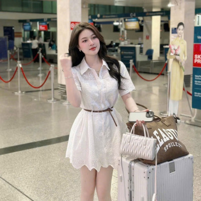 váy sơ mi dáng suông - Váy ren hoa cổ sơ mi kèm đai