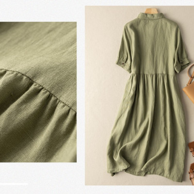 Đầm Nữ Linen Cổ Đức Nhún Eo, Đầm Sơ Mi Nữ Dáng Dài đầm thiết kế Da162