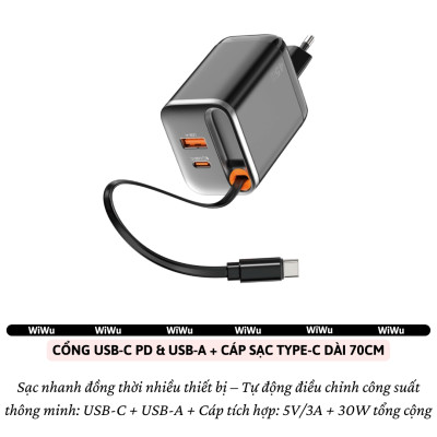 Adapter cóc củ sạc nhanh 67W PD USB C + USB-A 3.0 kèm dây sạc Type-C PPS chống cháy hiệu WIWU Helix Fast Charger cho iPhone iPad Oppo Samsung - Hàng nhập khẩu