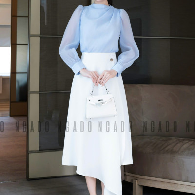 Set áo voan xanh váy trắng NGADO , set áo váy dài , set công sở