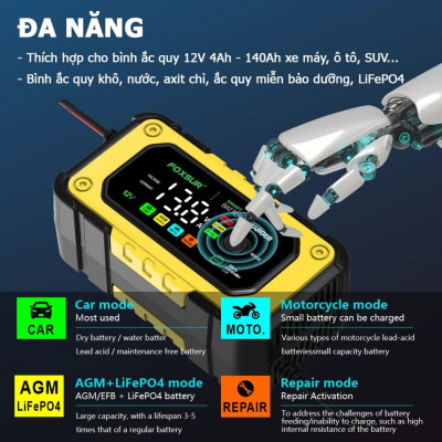 Sạc Ắc Quy Thông Minh Foxsur 12V/7A Chính Hãng: Hiệu Quả với Khả Năng Khử Sunfat và Tự Ngắt khi Đầy