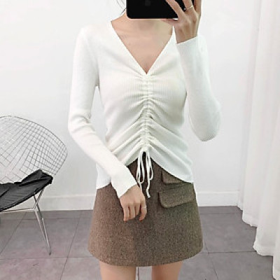 Áo len nữ màu trắng dài tay cổ chữ V thiết kế dây rút  thu đông hb35