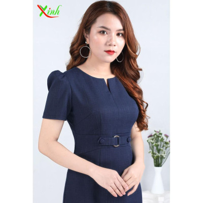 Đầm Suông Xanh Đen Phối Khuy Che Bụng Béo DL670