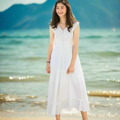 Đầm Maxi Trắng Cotton Dài Đi Biển Du Lịch Resorts Tiên DRE066 Thời trang Hity