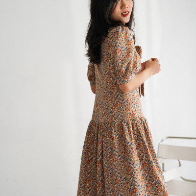 De Leah - Đầm Hạ Eo Cổ Dây nơ - Nâu cam