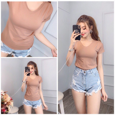 Áo thun nữ trơn cổ tim tay ngắn thun cotton 4 chiều form ôm body MXM ( ANU007 )