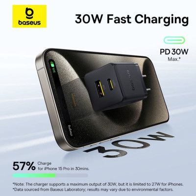 Bộ sạc nhanh nhỏ gọn 2 cổng Baseus Palm U + C 30W Kèm cáp C to C 60w dài 1M - Hàng chính hãng