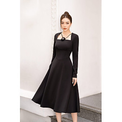 Đầm xòe dài tay màu đen Crepuscolo Thiết kế cao cấp WHITE CHIC