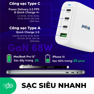 Củ sạc nhanh Prolink GT46801 4 cổng 68W (PD 3.0 & QC4+) công nghệ GAN dành cho Laptop, Tablet, Macbook, iPad, iPhone - Hàng chính hãng