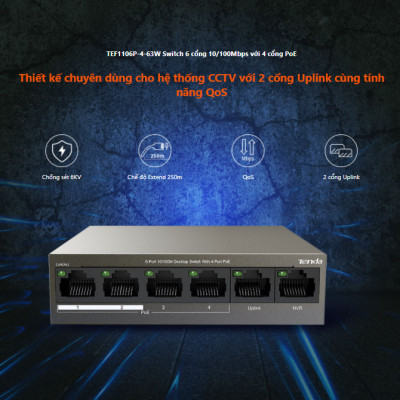 Bộ chia mạng switch 6 cổng 10/100Mbps TEF1106P-4-63W Tenda hàng chính hãng