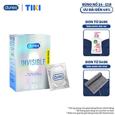 Bao Cao Su Durex Invisible Siêu Mỏng, Size 52 mm, Hộp 16 Bao Mới Ra Mắt - Hộp Lớn Siêu Tiết Kiệm