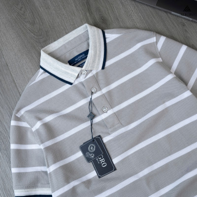 Áo Polo nam ngắn tay kẻ ngang ghi-trắng ALGPLO89
