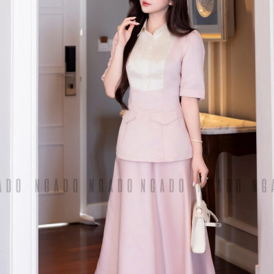 Set áo váy hồng cổ phối trắng NGADO , set áo kèm chân váy xòe , set váy công dở , dự tiệc
