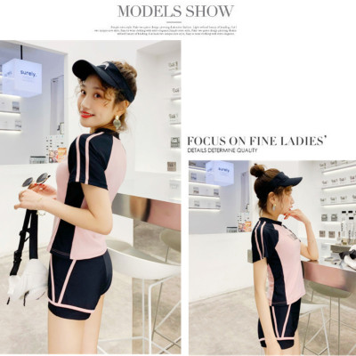 Bộ đồ bơi bikini nữ hai mảnh kín đáo đi tắm biển giấu bụng áo cộc tay kèm váy liền quần - B22