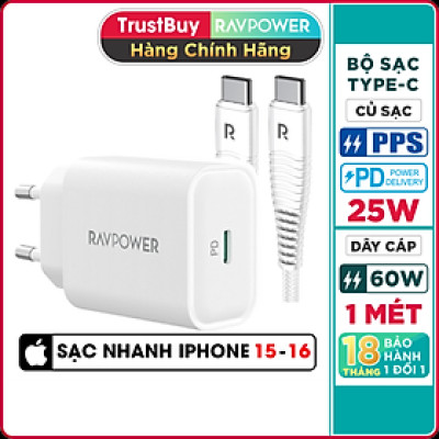 Combo Củ Sạc Nhanh Type-C PPS 25W RAVPower RP-PC156-W và Cáp Type-C To C 60W Dài 1M RP-CB047-W Dành Cho Điện Thoại Android, Cho Samsung, Cho Vivo, Cho Oppo, Cho Xiaomi Và Máy Tính Bảng - Hàng Chính Hãng