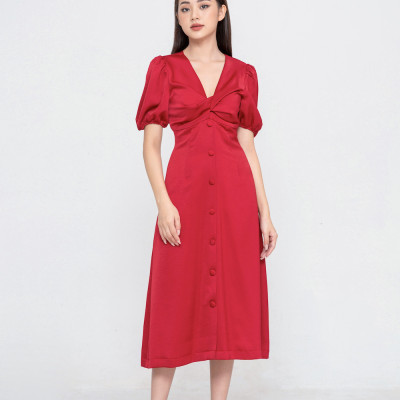 De Leah - Đầm ôm midi xoắn nơ ngực đỏ