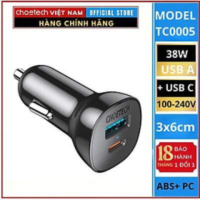 Tẩu sạc Choetech TC0005 nhanh trên ô tô 38W 2 cổng USB A+ Type C (Hàng chính hãng)