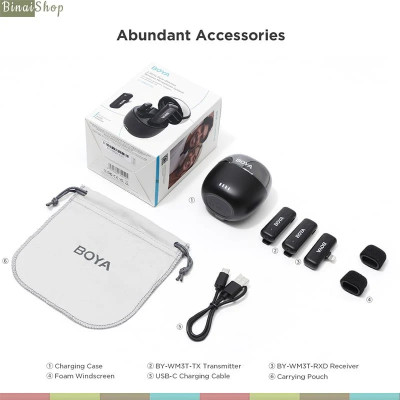 Boya BY-WM3T-U2 / BY-WM3T-D2 - Micro Cài Áo Không Dây 2.4GHz Cho Điện Thoại IOS, Android , Sử Dụng 10 Giờ , Phạm Vi Thu 100m - Hàng chính hãng