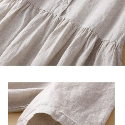 Đầm Linen suông nữ cổ sen mềm mại thiết kế tay ngắn phối cúc đơn giản da158