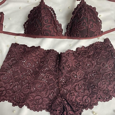 Bộ Nội Y Thiết Kế Ren Cao Cấp Tím Mận Có Mút Quần Đùi