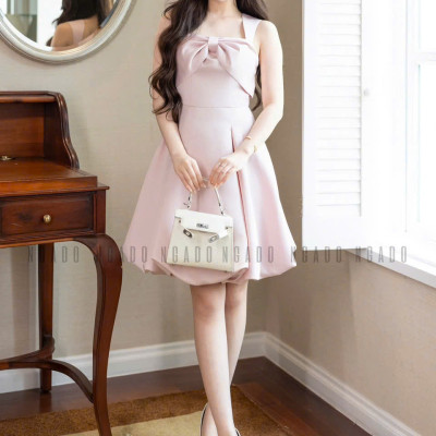 Đầm hồng cổ phối nơ NGADO , đầm ngắn , đầm dự tiệc , dạo phố