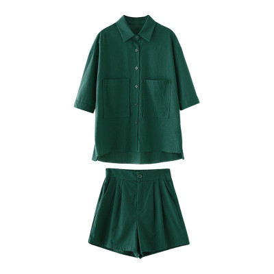 Bộ đồ cho nữ 2 chi tiết gồm áo sơ mi có túi và quần short dáng chữ A, set linen nữ hàn quốc