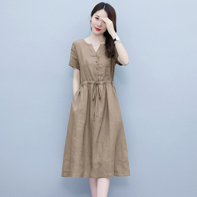 Đầm suông nữ vải Linen rút eo cổ V tay ngắn da218