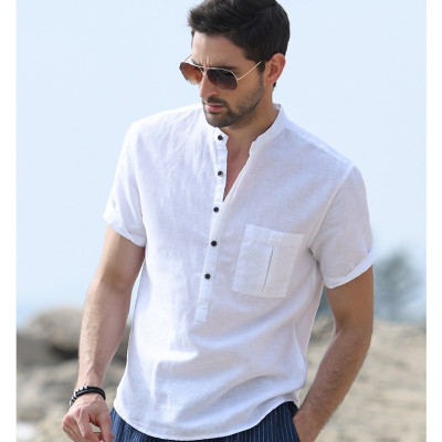 Áo sơ mi nam ngắn tay cổ tàu, áo sơ mi linen, phong cách Hàn Quốc, trang nhã, lịch lãm