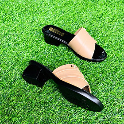 Dép nữ cao gót 3cm da mềm Trường Hải 2 màu den, kem đế PU nhẹ DN125