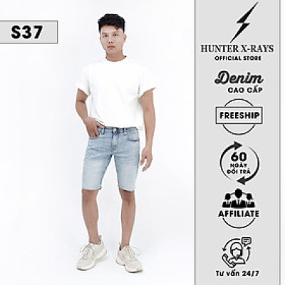 Quần Short Jeans Nam Cao Cấp HUNTER X-RAYS Form Slimfit Màu Xanh Wash Bạc S37