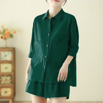 Bộ đồ cho nữ 2 chi tiết gồm áo sơ mi có túi và quần short dáng chữ A, set linen nữ hàn quốc