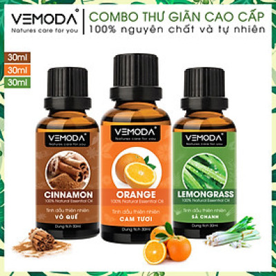 Tinh dầu xông phòng, combo thư giãn cao cấp gồm 3 chai tinh dầu nguyên chất: tinh dầu Sả chanh (30ml) + tinh dầu Vỏ quế (30ml) + tinh dầu Cam tươi (30ml) Vemoda