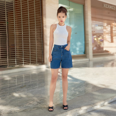 Quần short jean nữ lưng cao regular fit Aaa Jeans Navy Blue