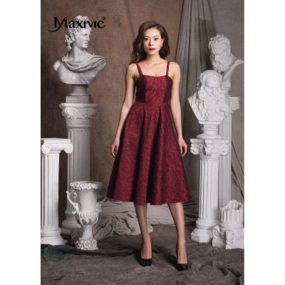 Đầm Dáng Xòe Hai Dây Đỏ Đô Hoa Nổi Maxivic M112204