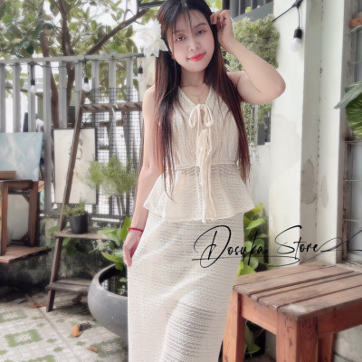 Set len váy dài cột nơ siêu hot