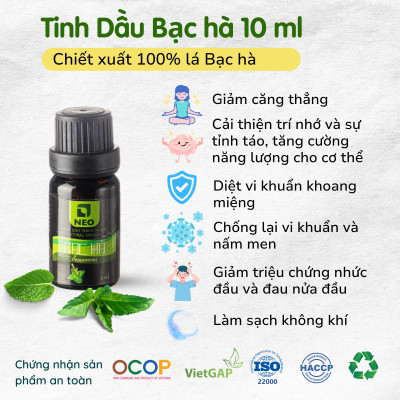 Tinh dầu Bạc hà nguyên chất NEO- Đạt chuẩn OCOP 4 SAO- Đạt chuẩn VietGAP- 10ml