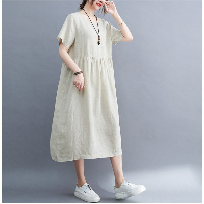 Đầm Suông Cổ Tròn Tay Cộc Dáng Dài Chất Đũi Mềm Mại Haint Boutique