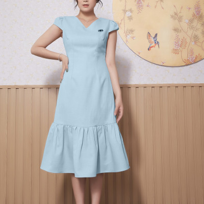 Đầm Đuôi Cá Lụa Crep Cổ Tim, Tùng Nhún Bèo Maxivic, La Mộc - LM012226