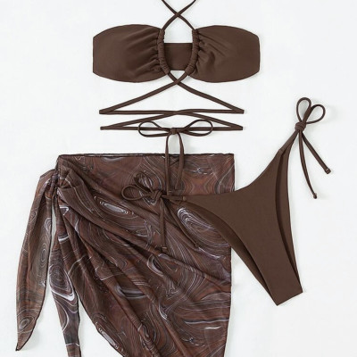 Bộ đồ bơi mới Sexy Velvet Vải co giãn đầy đủ ba mảnh