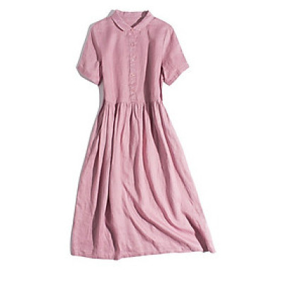 Đầm suông dáng babydoll ngắn tay thiết kế cổ sen mềm mại vải Linen thô cao cấp da158