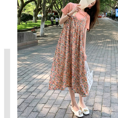 Váy Bầu Công Sở Đi Biển Áo Ngắn Tay Cotton Thun Kèm Yếm 2 Dây Voan Hoa Cho Mùa Hè Lên Dáng Cực Xinh