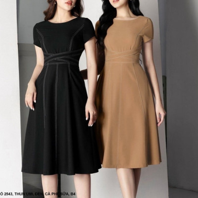 Đầm xòe công sở viền chỉ nổi 