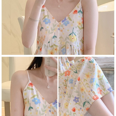 Váy 2 dây cho nữ mặc nhà vải lanh mềm mát, dáng xòe, nhiều họa tiết, freesize từ 45 đến 75 kg